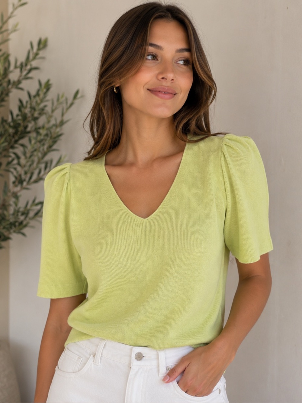 John + Jenn Heath Lime-yellow Puff Sleeve Sweater feminine old money Size S/P